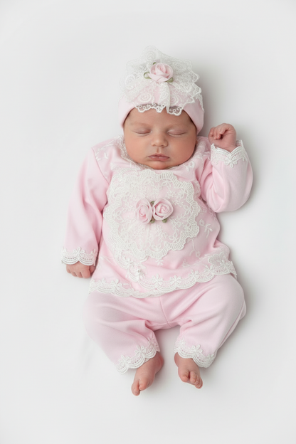 Rose 3pc cotton pants set with lace and roses