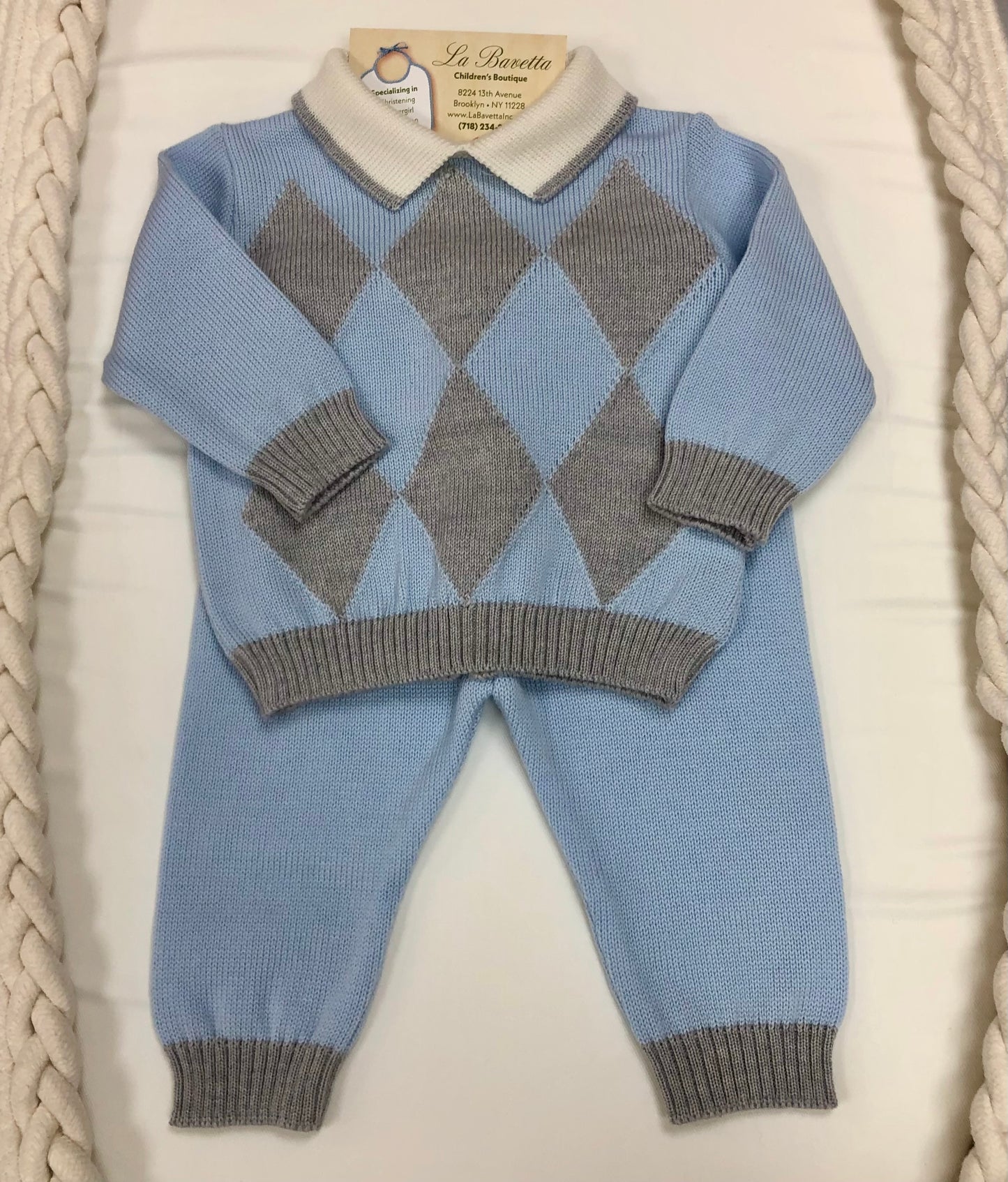 2pc Boys knit powered Blue and Grey pants set.Made In Italy