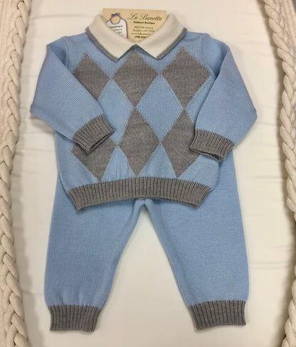 2pc Boys knit powered Blue and Grey pants set.Made In Italy