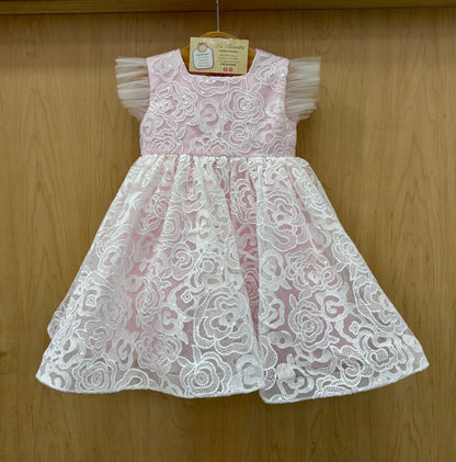 Girls Pink Rose Lace Dress with Tulle Flutter Sleeves