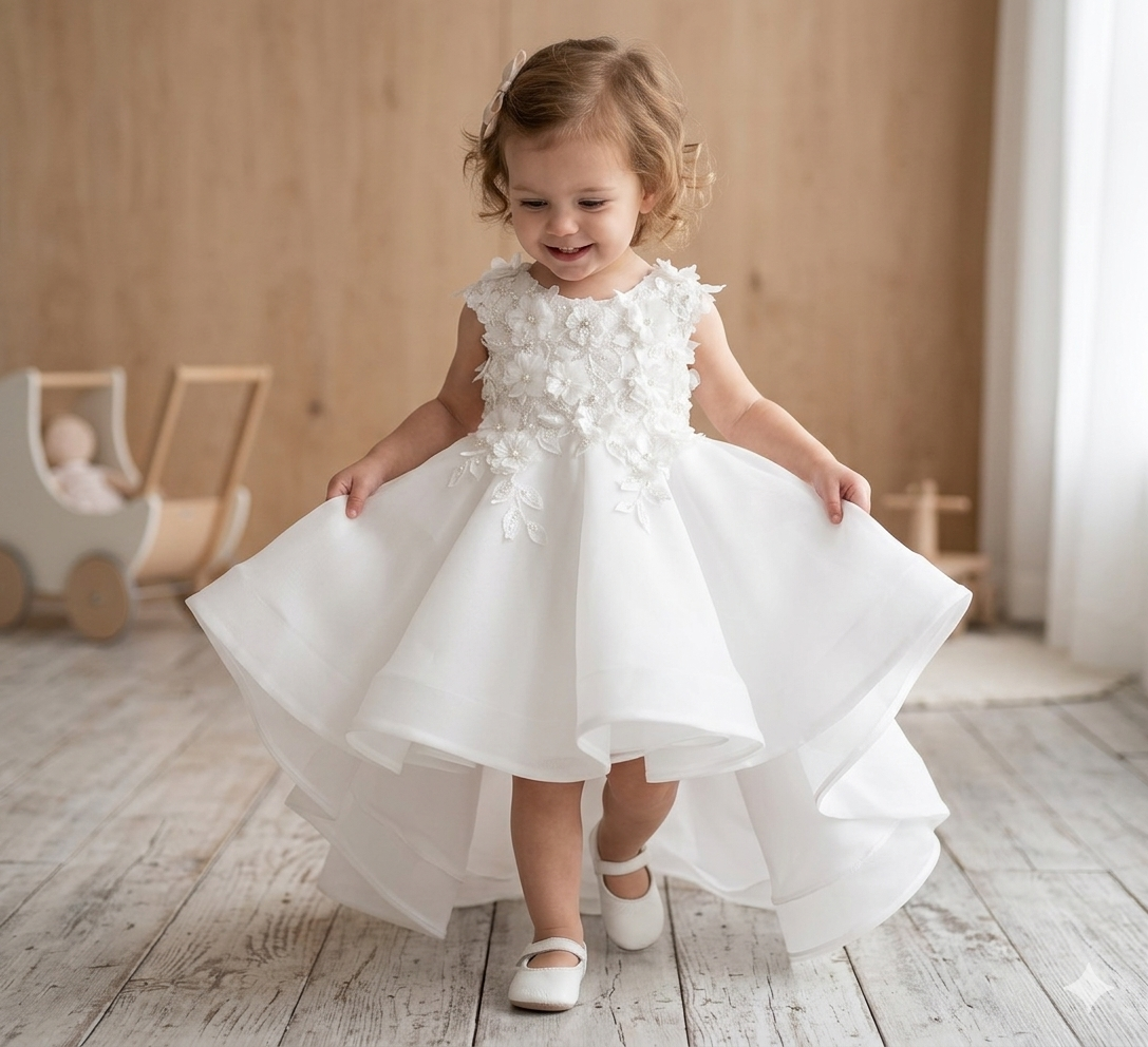 Young girl in a white floral dress standing on a wooden floor.
