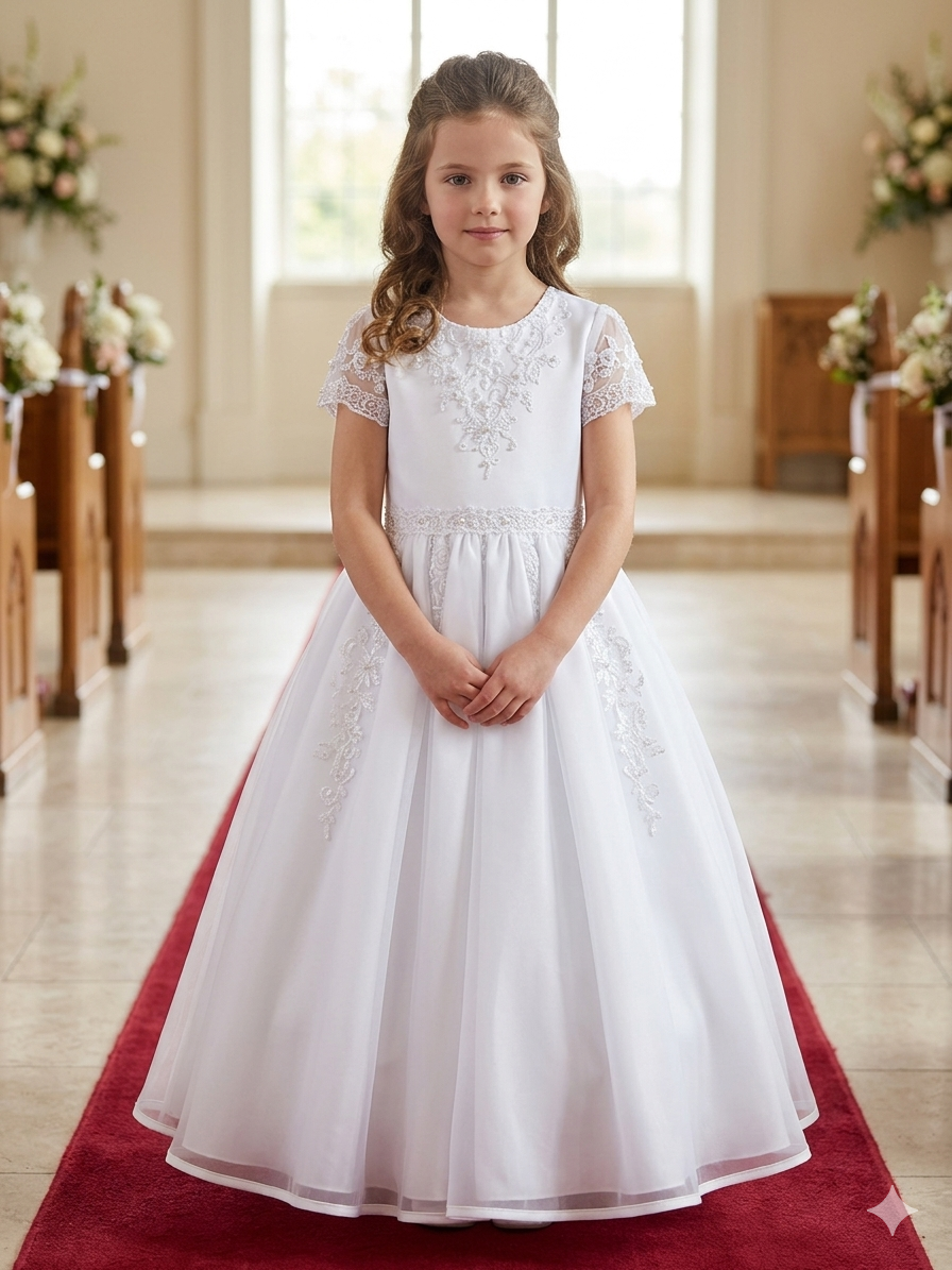 White Lace First Communion Dress with Short Sleeves & Embroidered Bodice