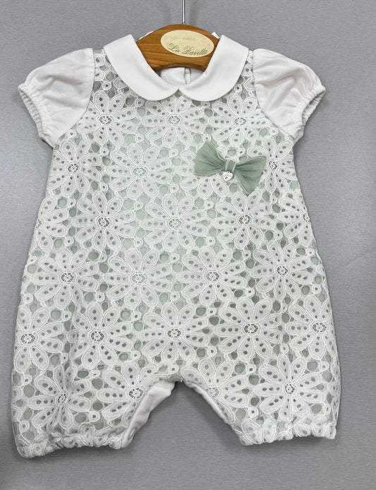Eyelet white & sage Lace Romper with Sage Bow