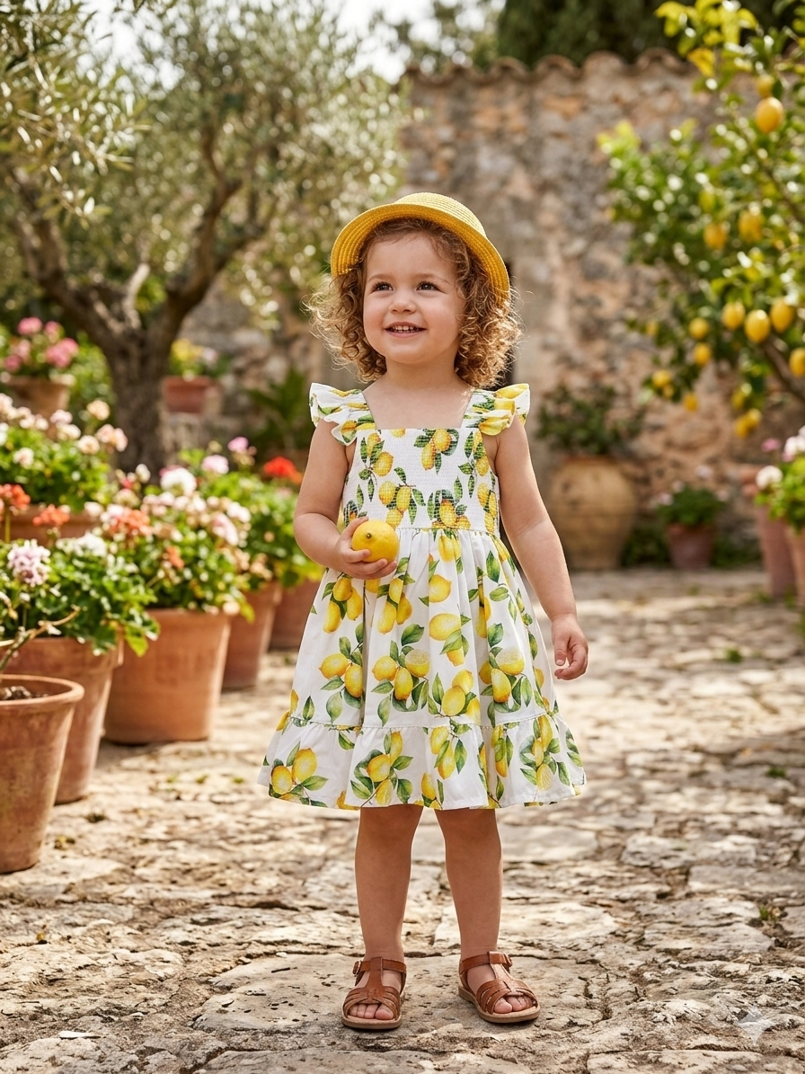 Girls Lemon Print Dress | Smocked Ruffle Sleeve Sundress