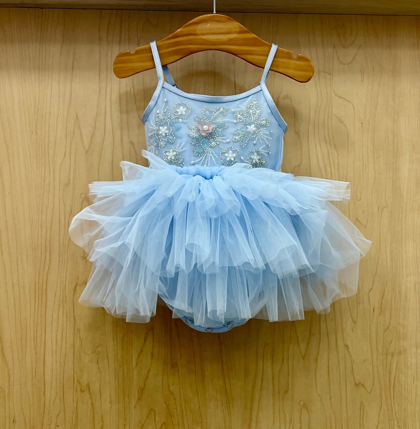 Baby Blue Tutu Romper with Pearl & Floral Embroidery Fleur