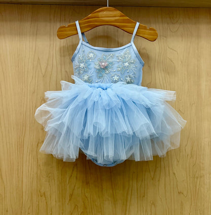 Baby Blue Tutu Romper with Pearl & Floral Embroidery Fleur