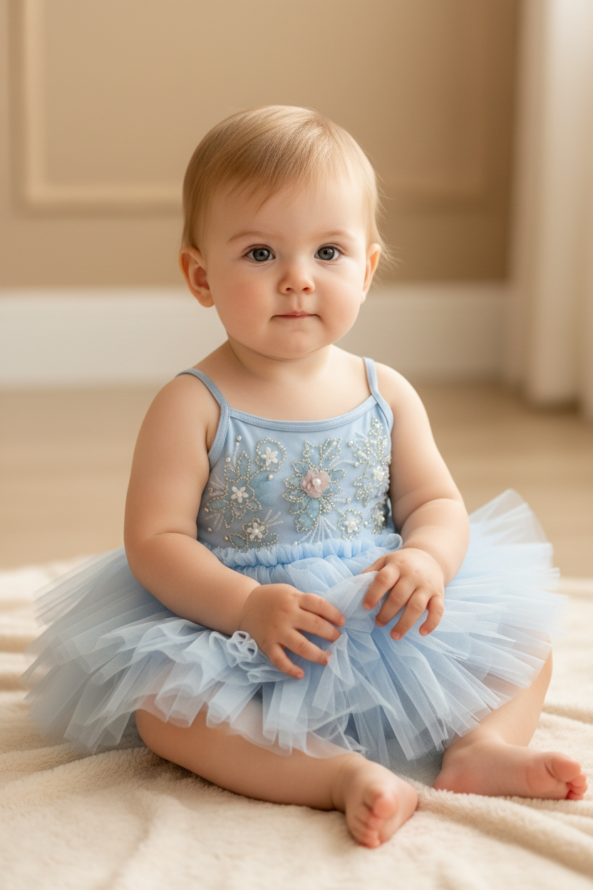 Baby Blue Tutu Romper with Pearl & Floral Embroidery Fleur