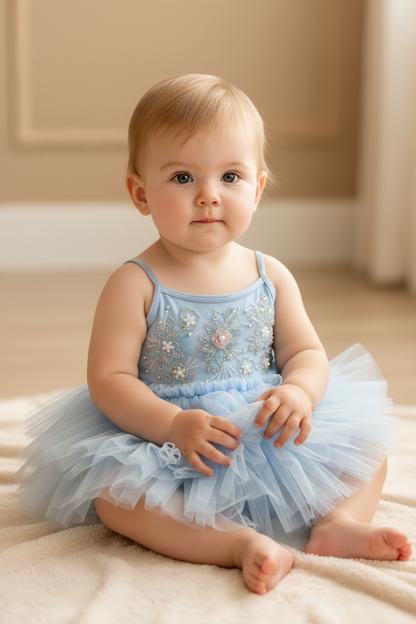 Baby Blue Tutu Romper with Pearl & Floral Embroidery Fleur