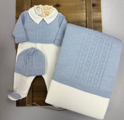 Baby Boy Cable Knit Layette Set with Blanket Made In Italy
