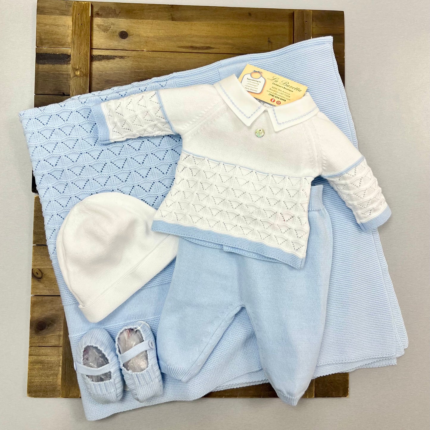 Blue & white knit boys take me home set
