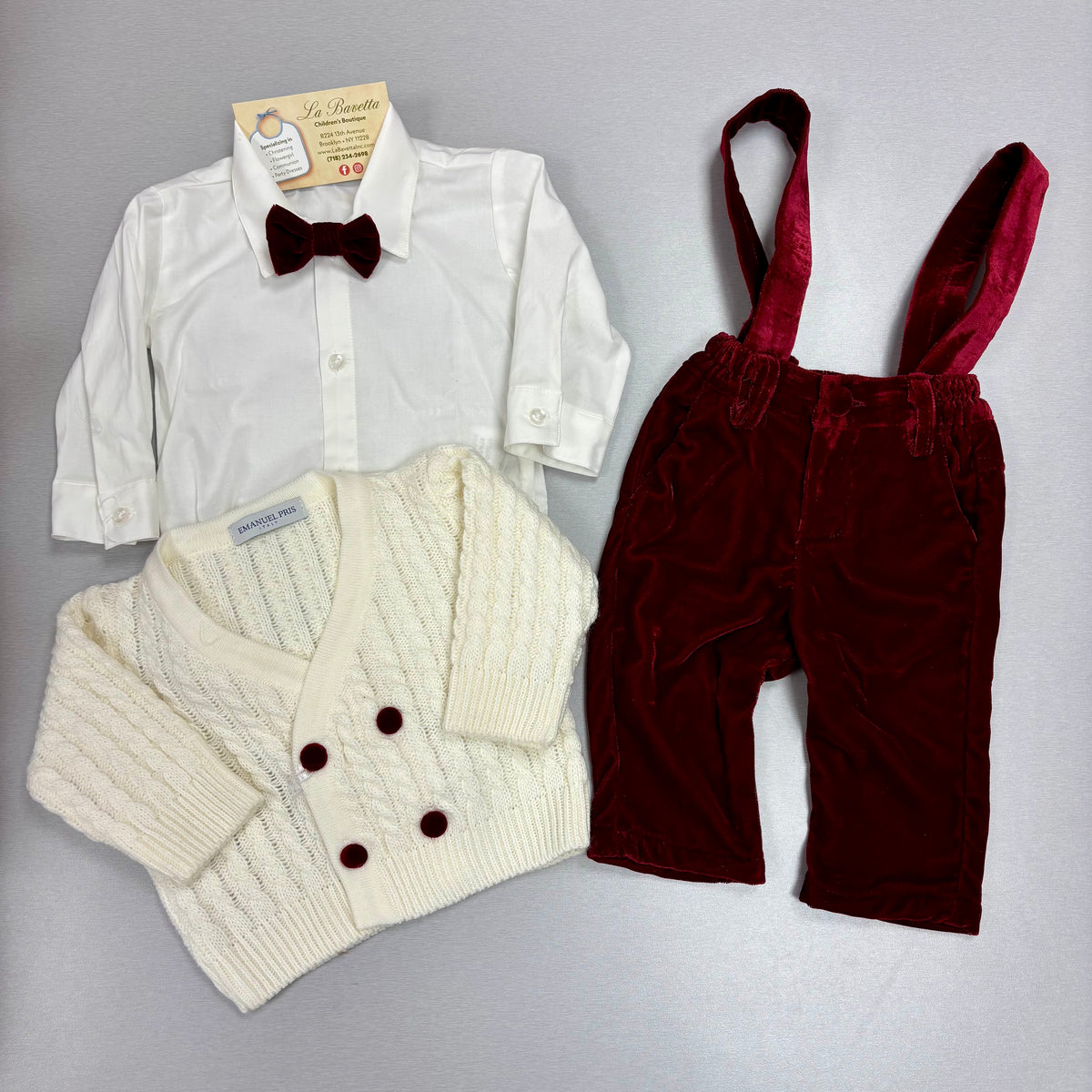 Baby Boy Burgundy Velvet & Ivory Cardigan Holiday Outfit Made In Italy