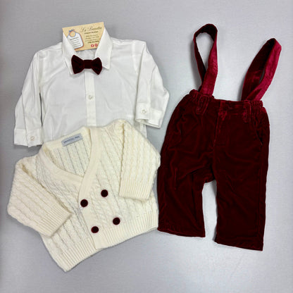 Baby Boy Burgundy Velvet & Ivory Cardigan Holiday Outfit Made In Italy