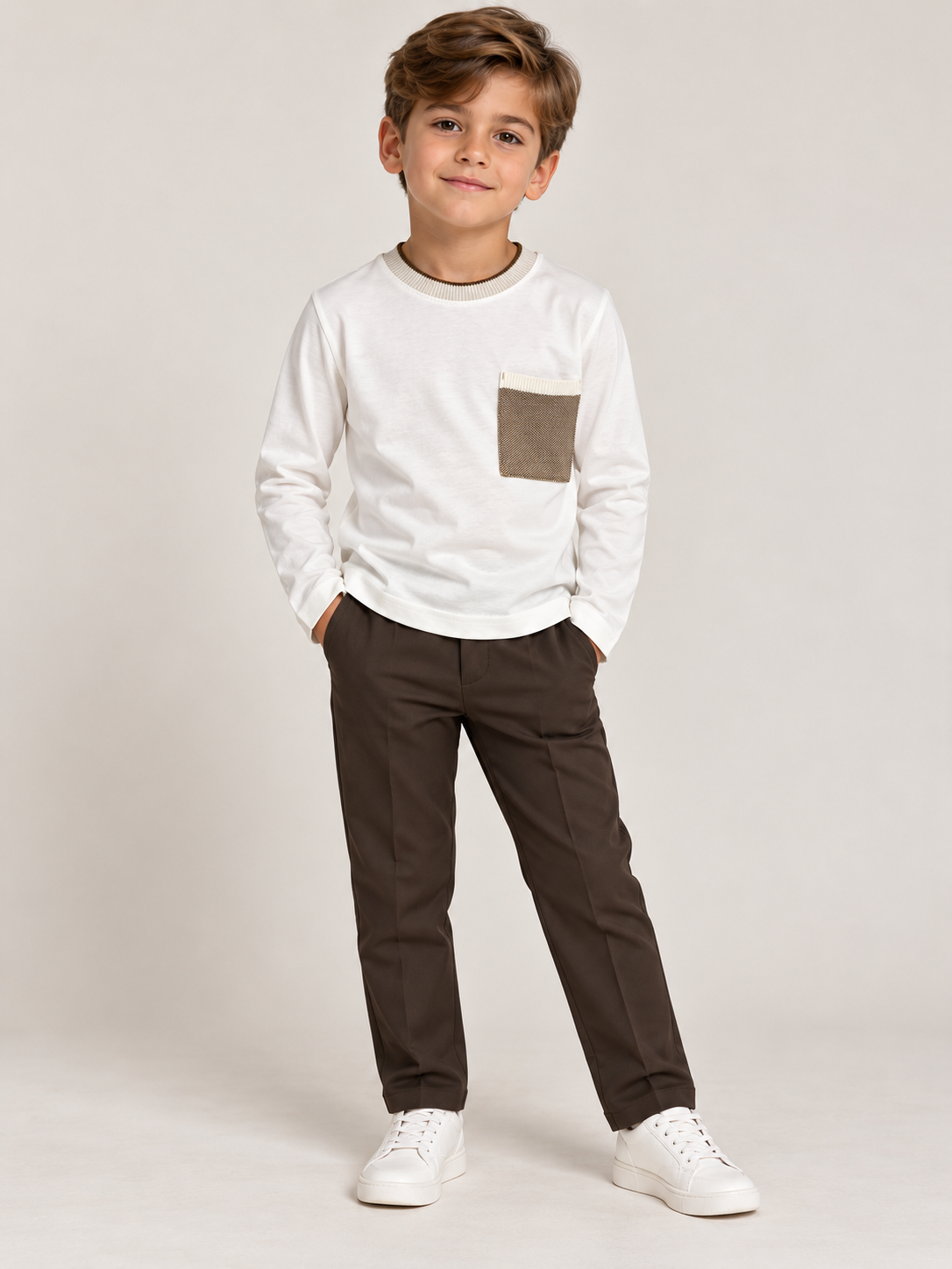 Boys' Color-Block Cardigan & Brown Pants Set, Made in Italy
