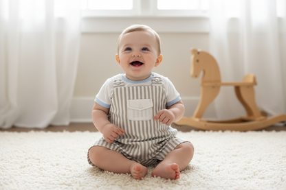 Striped Tan and white Baby romper overalls made in Italy