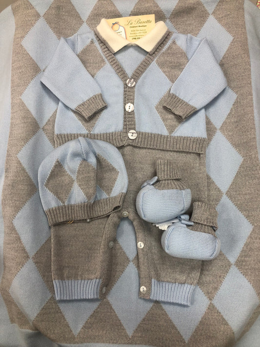 Take me home boy baby blue/ grey romper  set Made in Italy