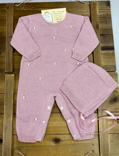 Pink Pearl Knit Romper Set with Bonnet