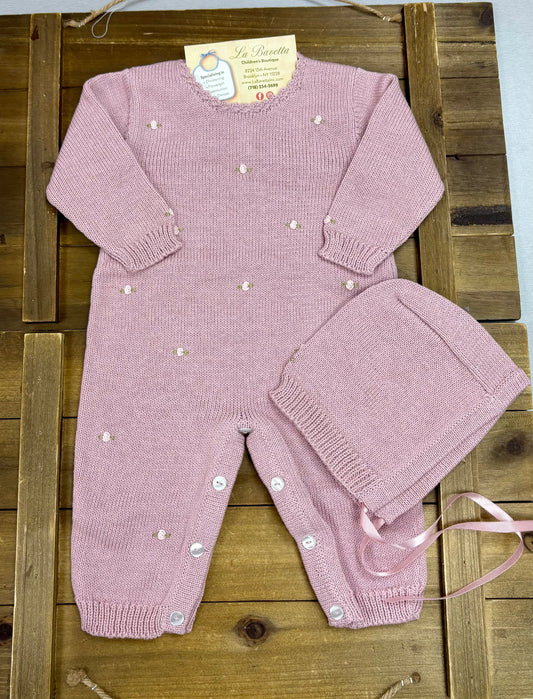 Pink Rose Bud cotton  Knit Romper Set with Bonnet