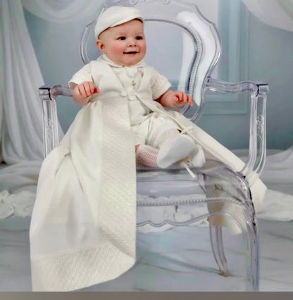 Dolce Bambini cathedral length boys christening / baptism gown with removable coat