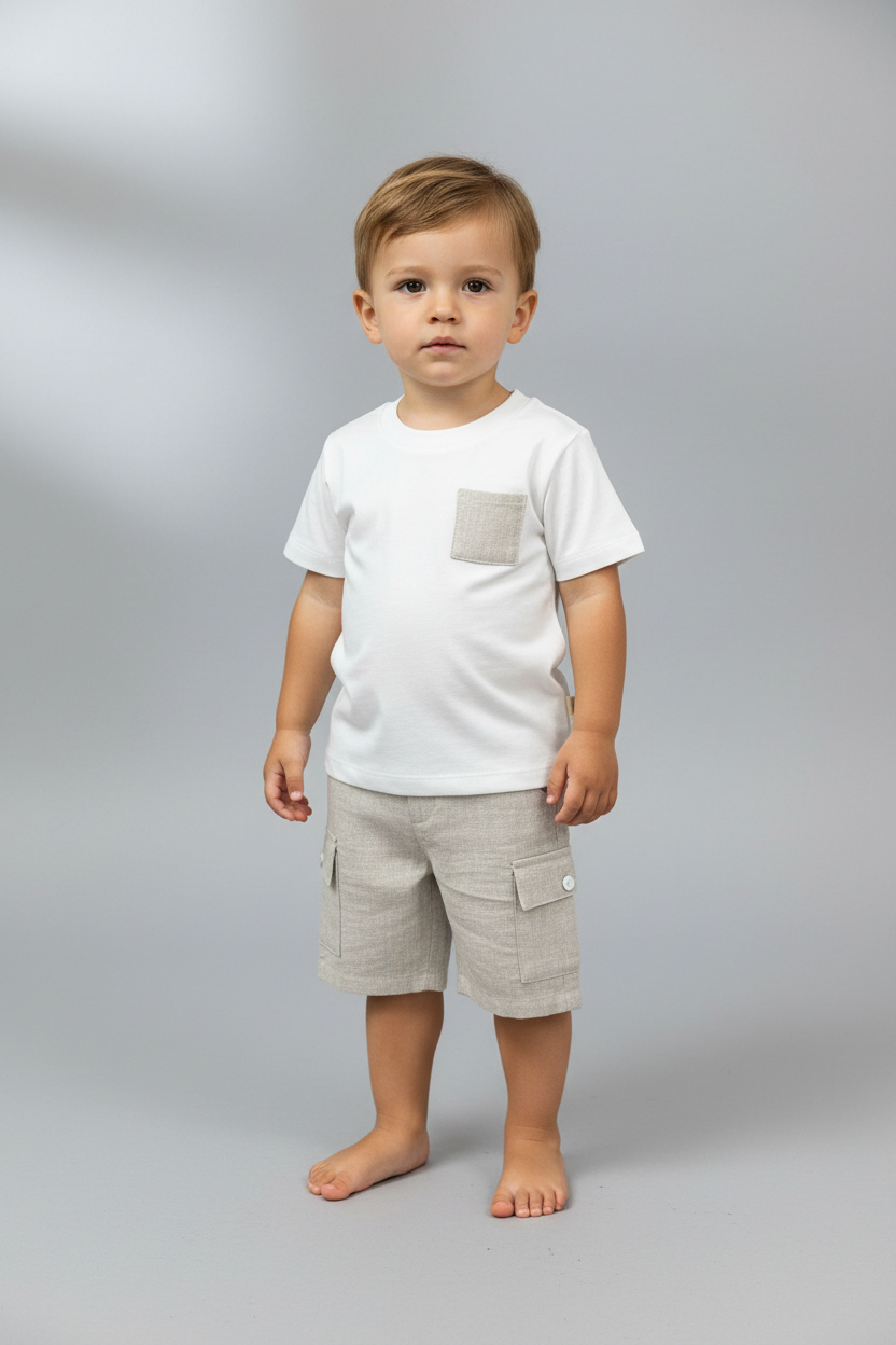 2pc Tan & white boys linen shorts set FR83B