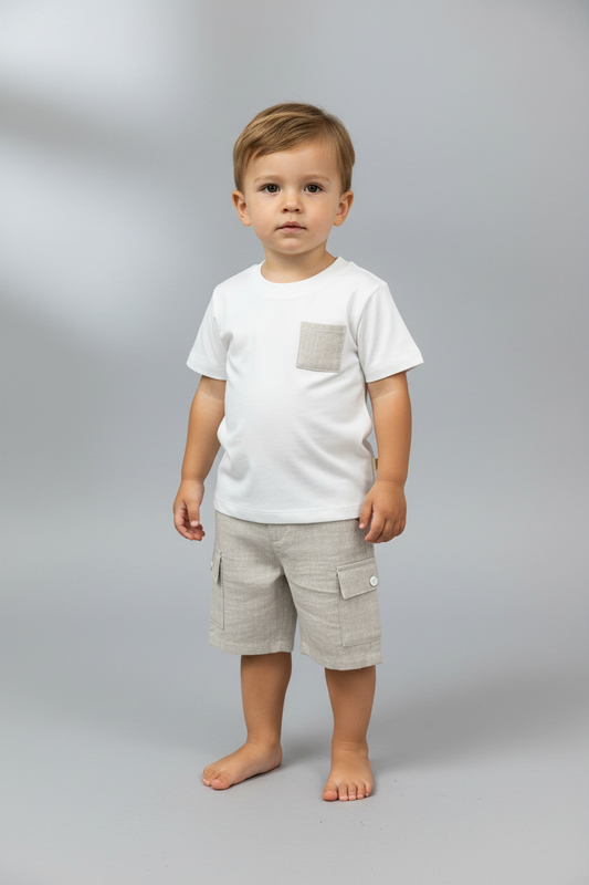 2pc Tan & white boys linen shorts set FR83B