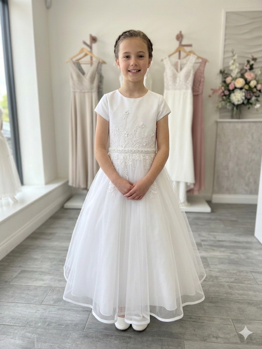 Girls White First Communion Dress with Floral Embroidery & Tulle Skirt