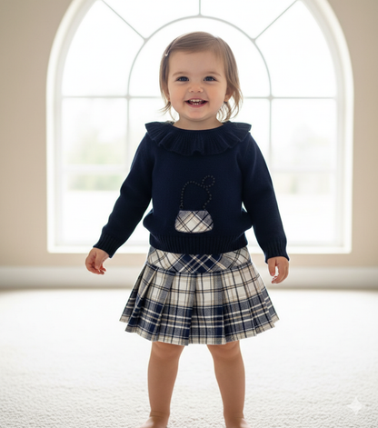 2pc navy Blue & White plaid skirt set Made In Italy