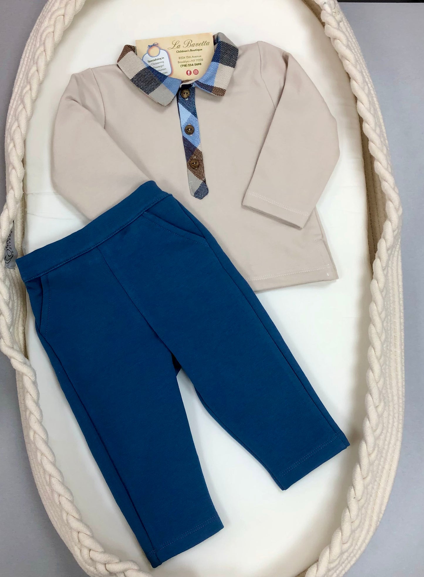 3pc navy & tan baby boys pants set