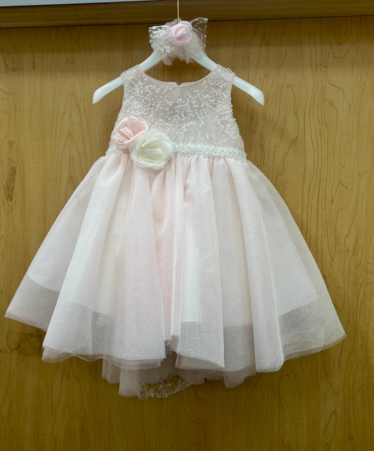 Pink Pearl Lace Baby Dress with Bow & Headband