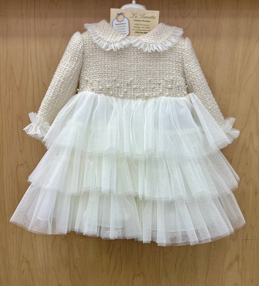 Ivory and gold tiered Dress Made in Italy Bimbalo