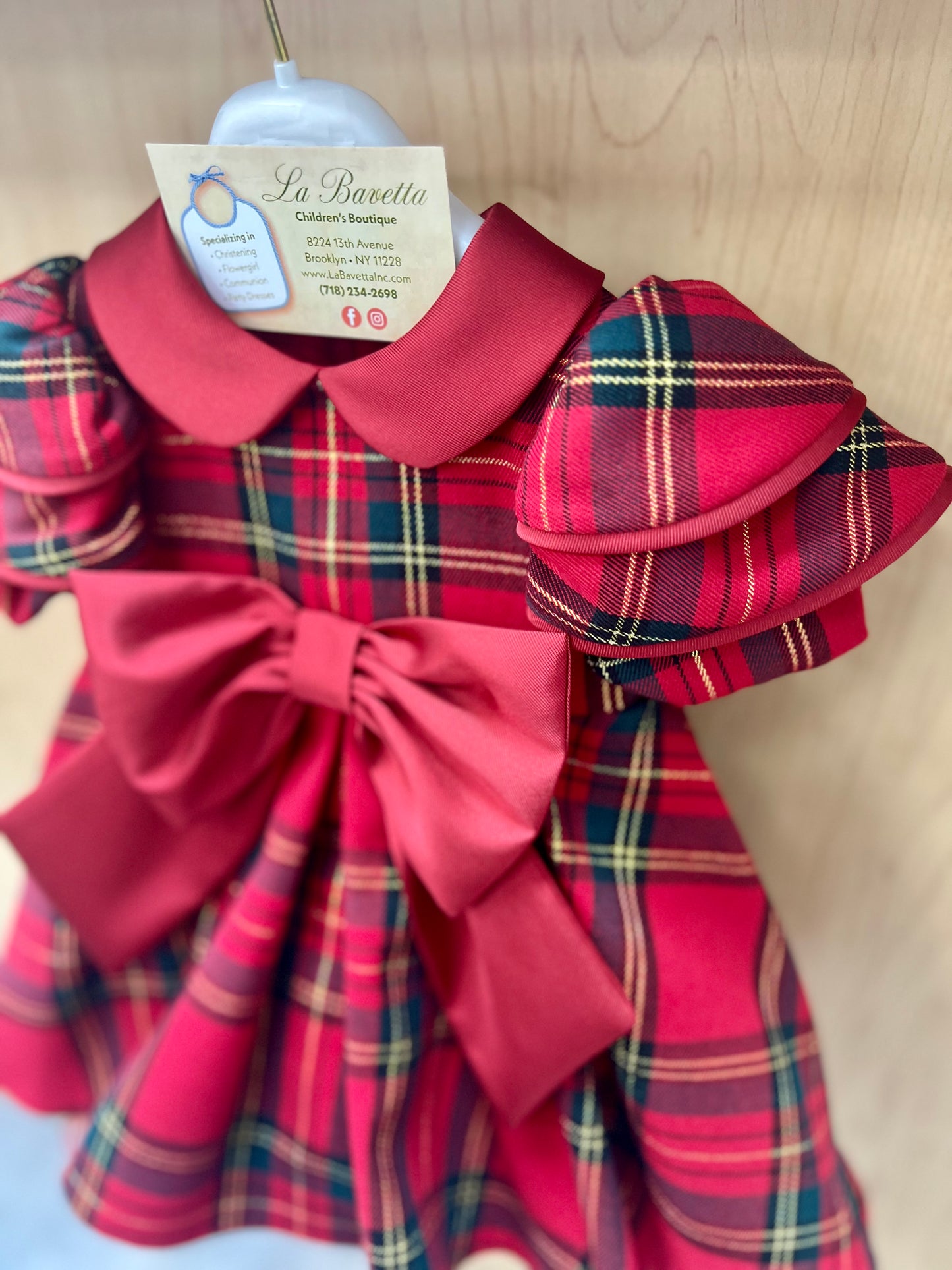 Bimbalo Plaid Holiday Dress with Red Satin Bow made in Italy