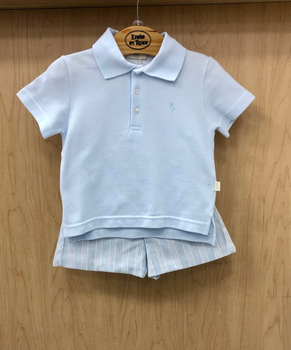 2pc powder blue polo shirt and striped shorts