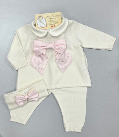 Ivory Knit 2pc pants set with Pink Bow Made In Italy