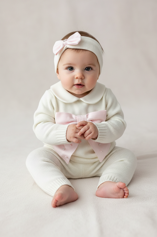 Ivory Knit 2pc pants set with Pink Bow Made In Italy
