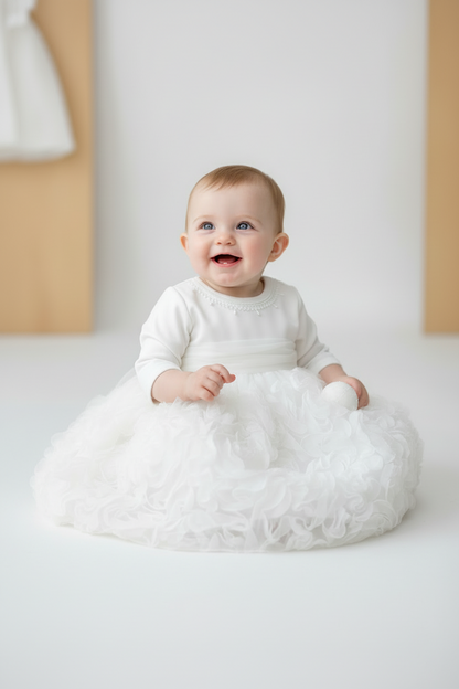 White Rosette Dress  Baby Christening Gown