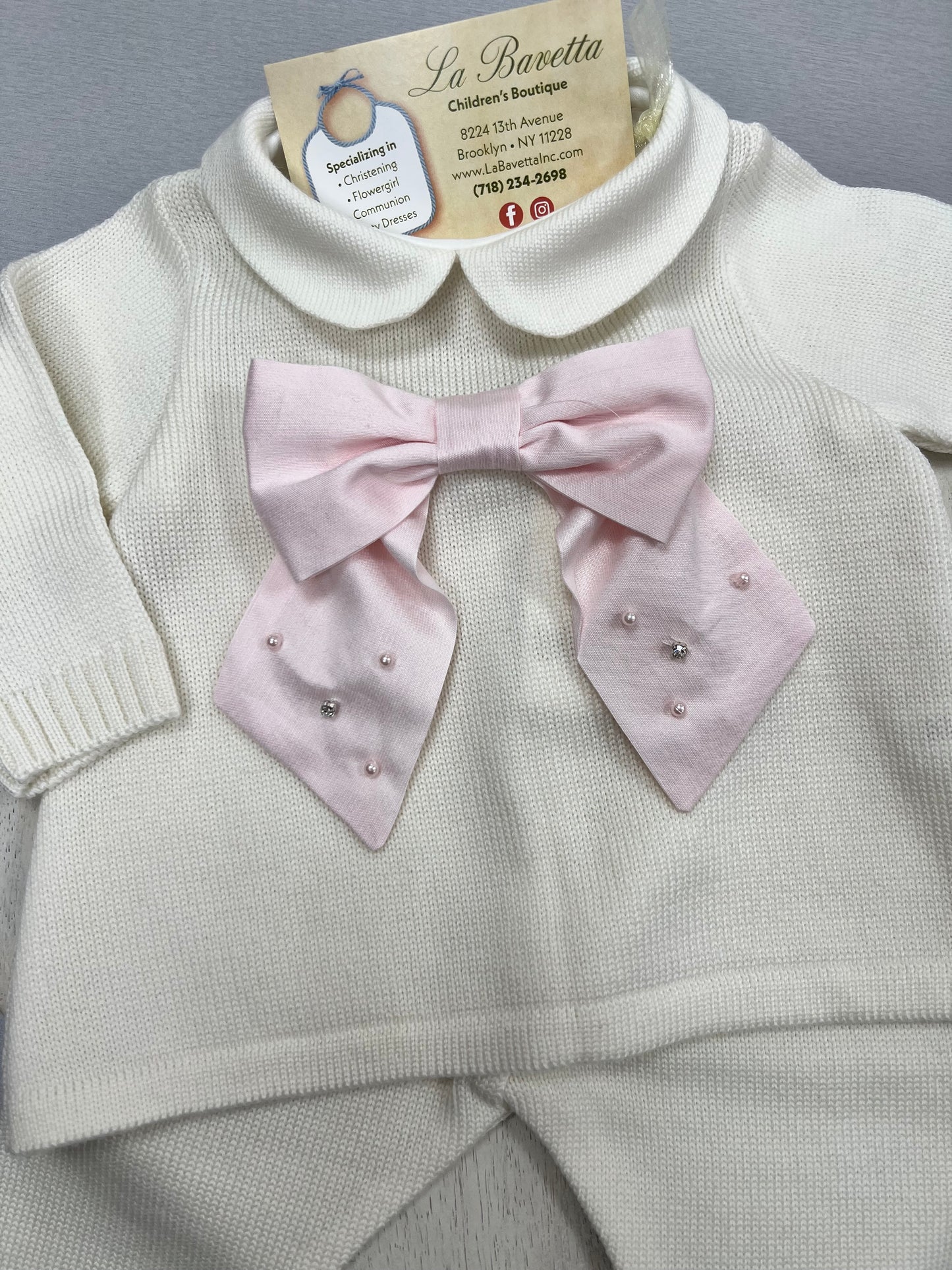 Ivory Knit 2pc pants set with Pink Bow Made In Italy