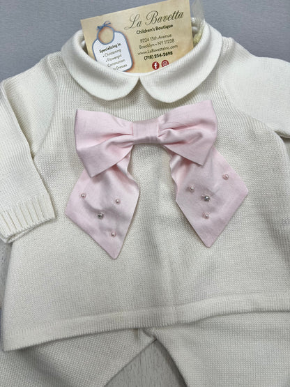 Ivory Knit 2pc pants set with Pink Bow Made In Italy