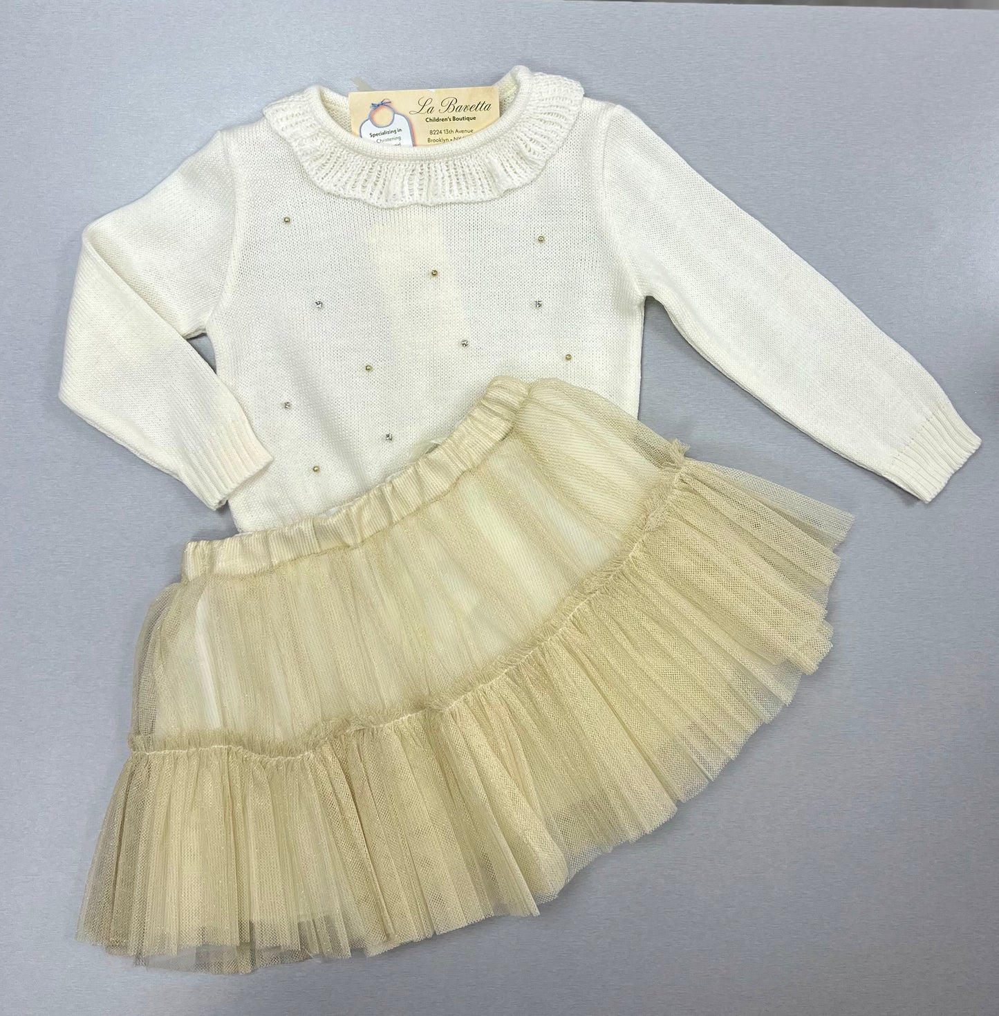 2pc Gold & Ivory knit & Tulle skirt set