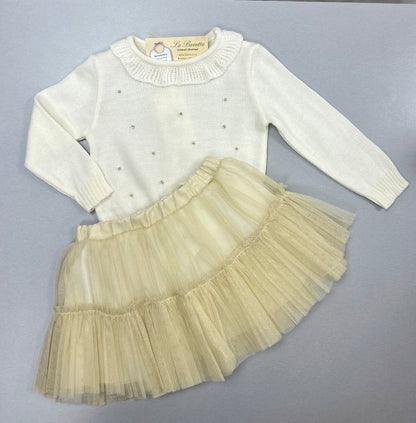 2pc Gold & Ivory knit & Tulle skirt set
