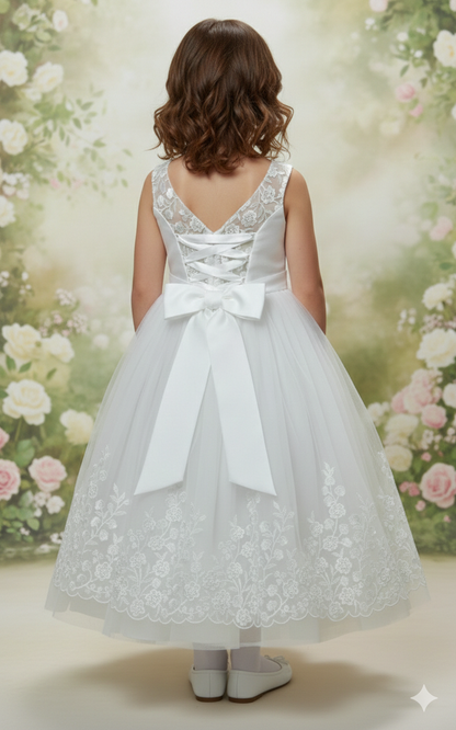 Michelina Bimbi communion dress with embroidered skirt and floral belt made in Italy