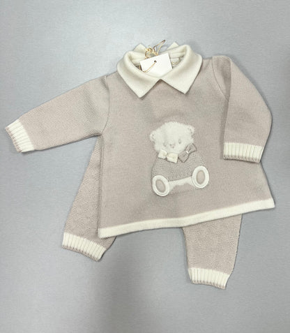 Boys Tan & Ivory Bear knit set Made In Italy