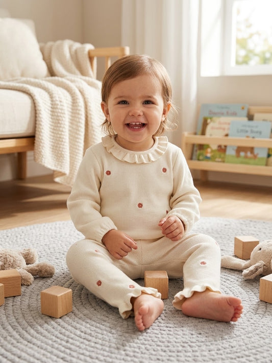 Toddler seated in cream knit top and matching ruffle-hem pants