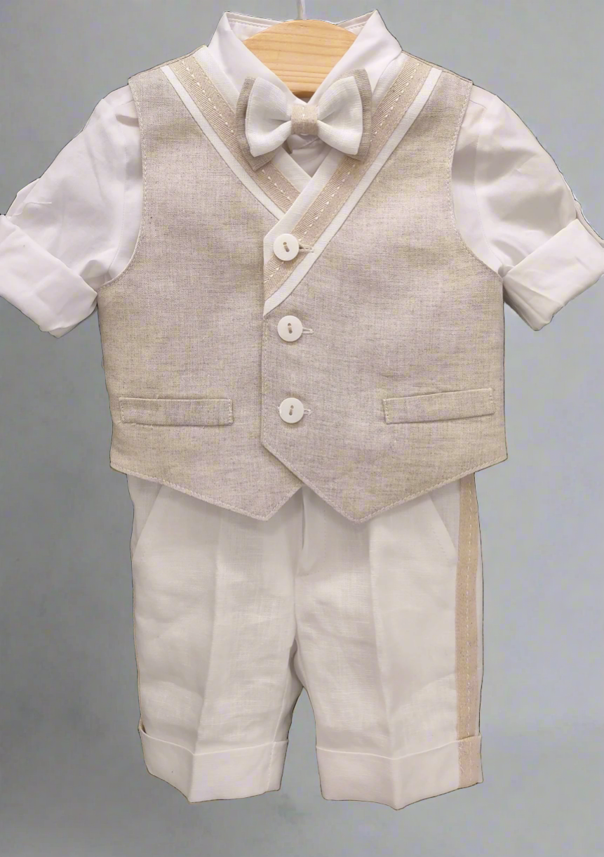 Bimbalo Boys 4 Piece Beige Linen Shorts and Vest Outfit with Cap 6083