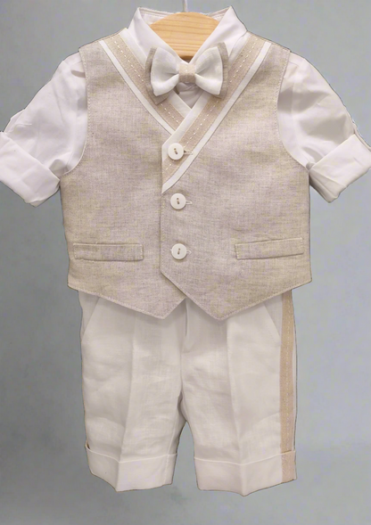 Bimbalo Boys 4 Piece Beige Linen Shorts and Vest Outfit with Cap 6083