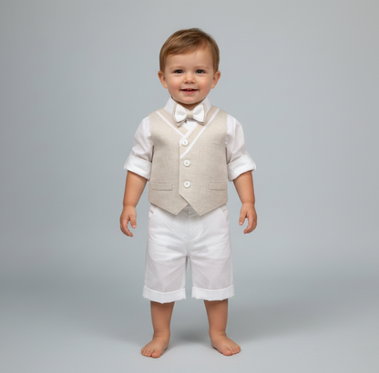 Bimbalo Boys 4 Piece Beige Linen Shorts and Vest Outfit  Made In Italy