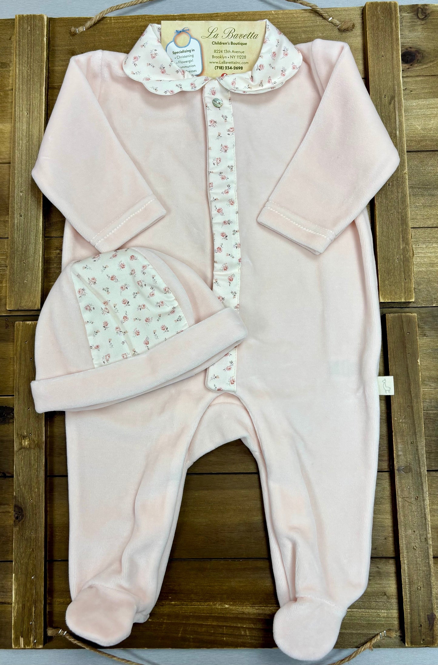 Pink Velour Footie Set with Hat & Receiving Blanket