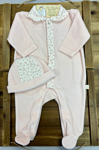 Pink Velour Footie Set with Hat & Receiving Blanket