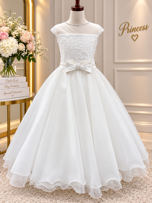 Girls White Floral Embroidered Organza Ball Gown – Made in Italy