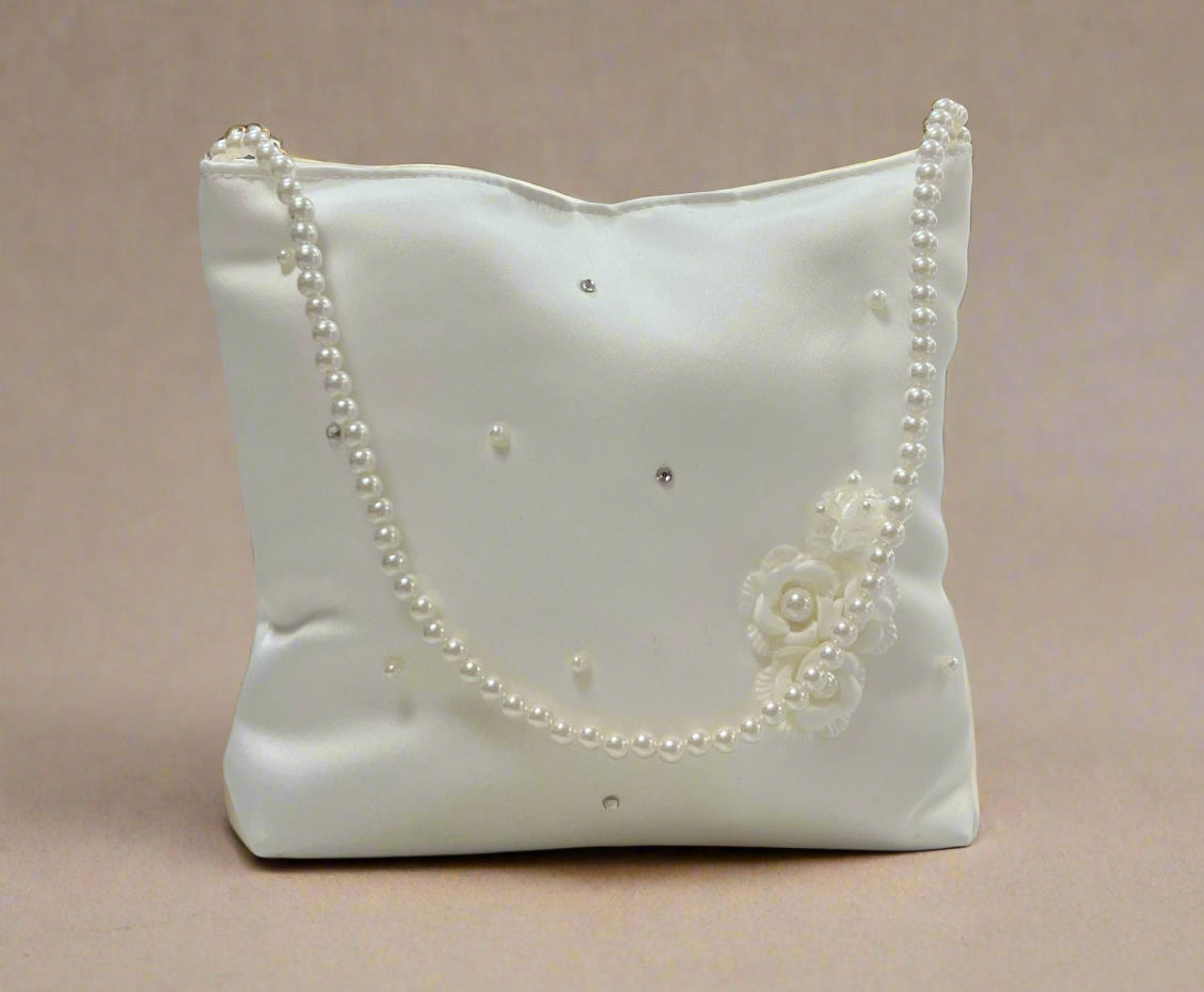 Satin communion purse with 3D side flowers