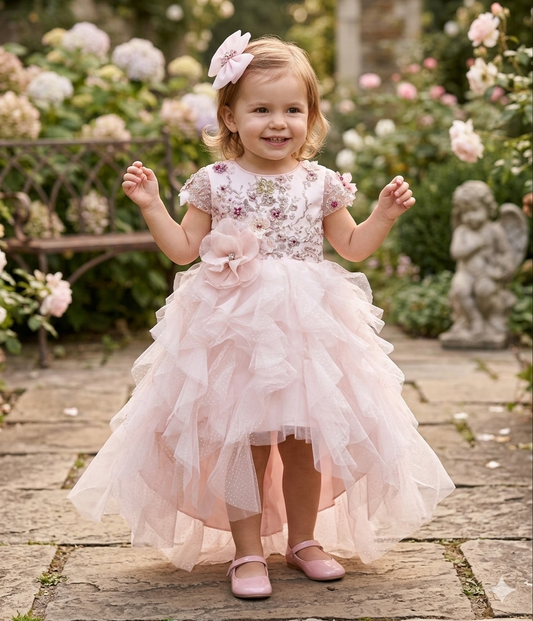 Pink Floral Embellished Hi-Low Tulle Dress