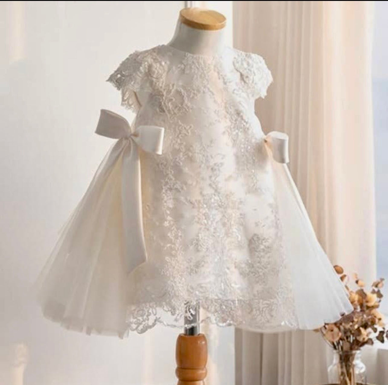 Ivory Lace & Satin Bow Baby Dress